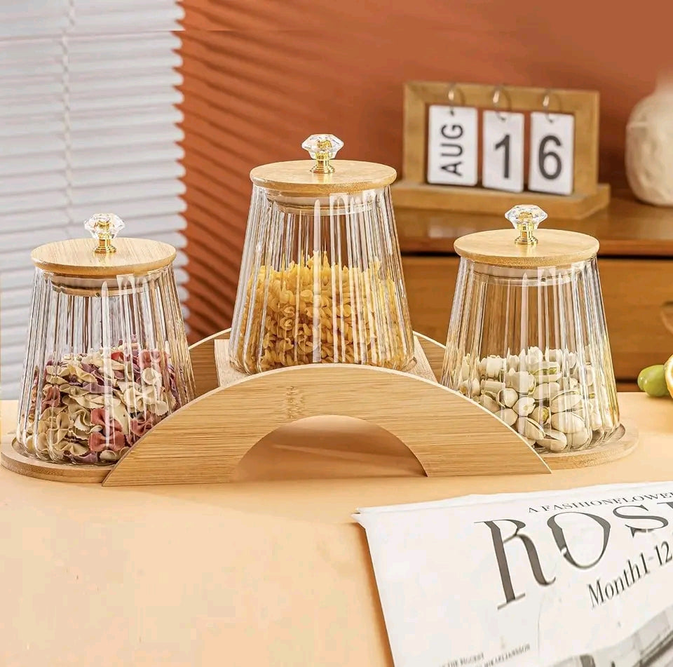 Multipurpose Borosilicate Gourd Storage Jar 3Pcs Set With Wood Stand