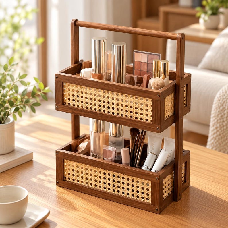 2-Tier Wooden & Woven Cane Makeup/Vanity Organizer With  Top Carry Handle