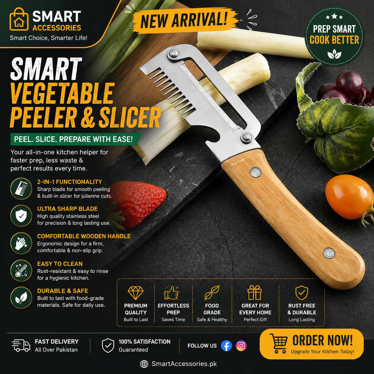 Smart Vegetable Peeler & Slicer advertisement showing the product on a dark slate background with vegetables and text overlays. The product has a silver metal blade and a light brown wooden handle.