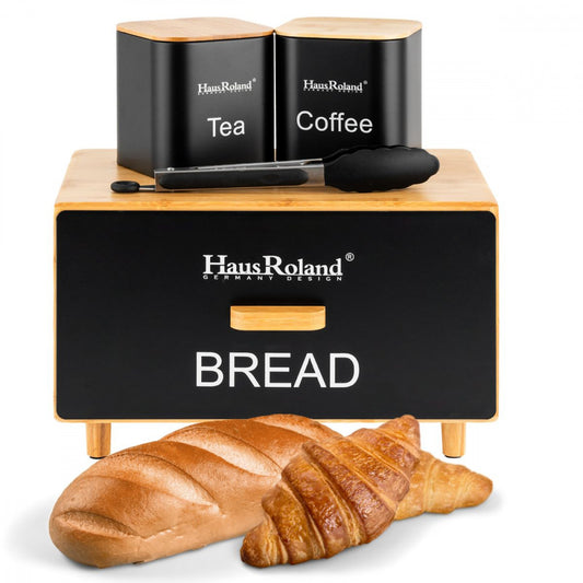 Luxury Matte Black Bread & Canister Set - Tea and Coffee Storage with Bamboo Lids
