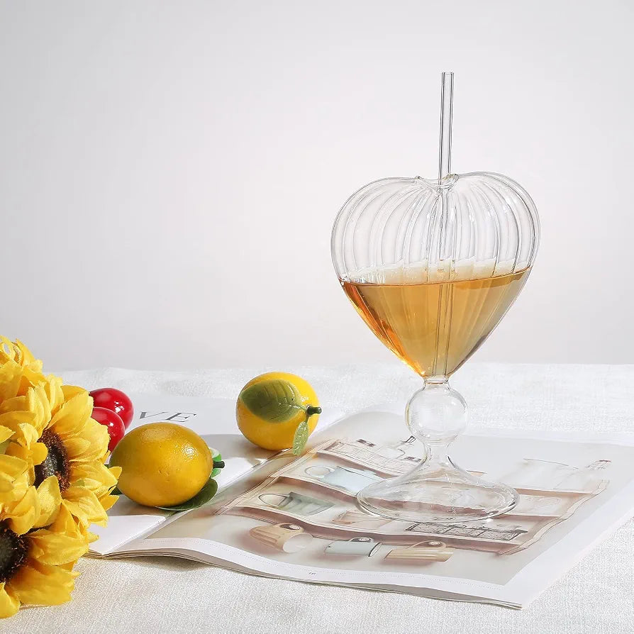 Ribbed Heart Glass Sipper with Bent Straw