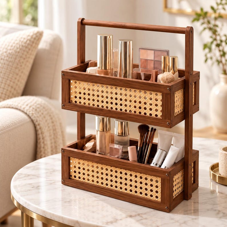 2-Tier Wooden & Woven Cane Makeup/Vanity Organizer With  Top Carry Handle