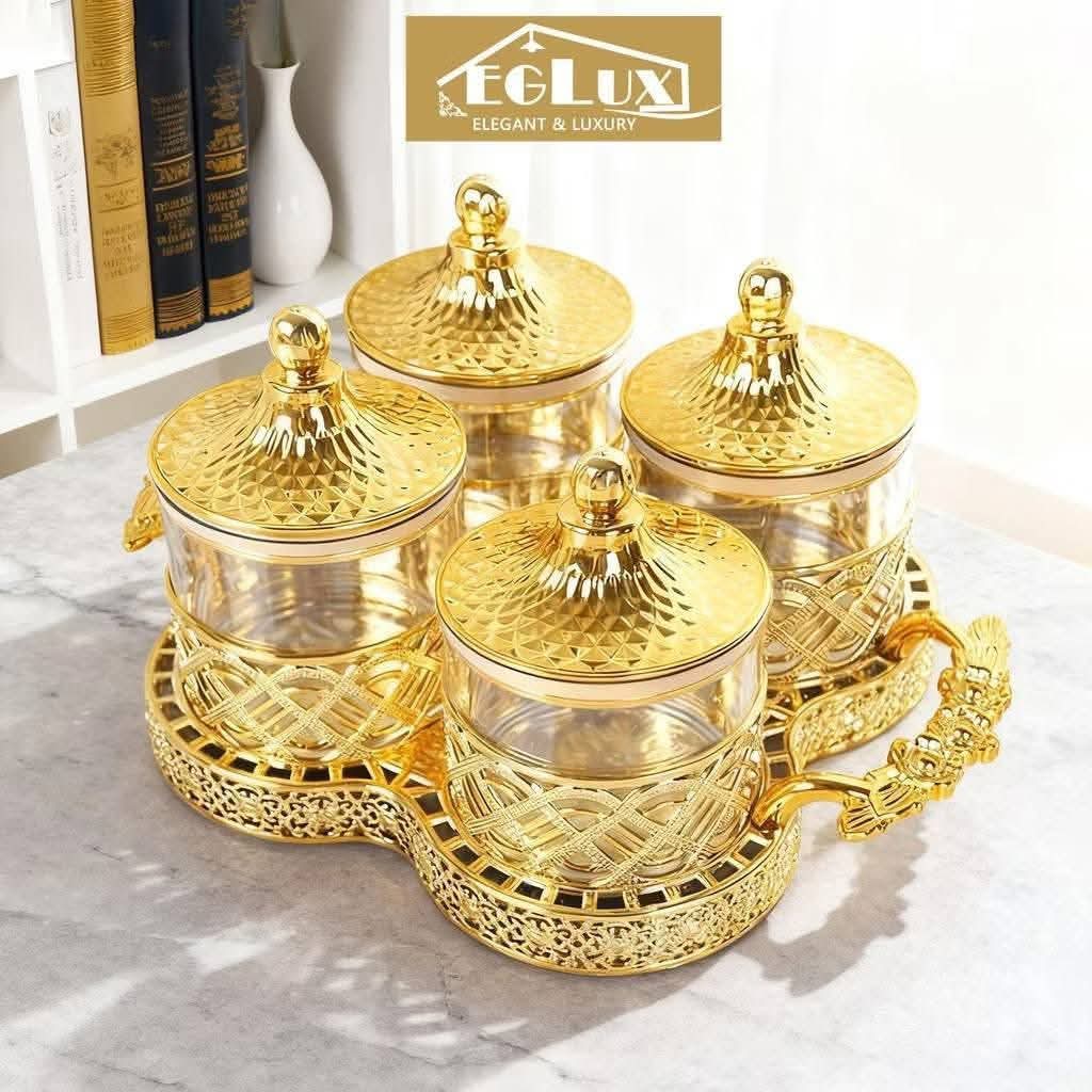 Crystal Luxury 4 Piece's Spice Jars Set With Decorative Serving Tray