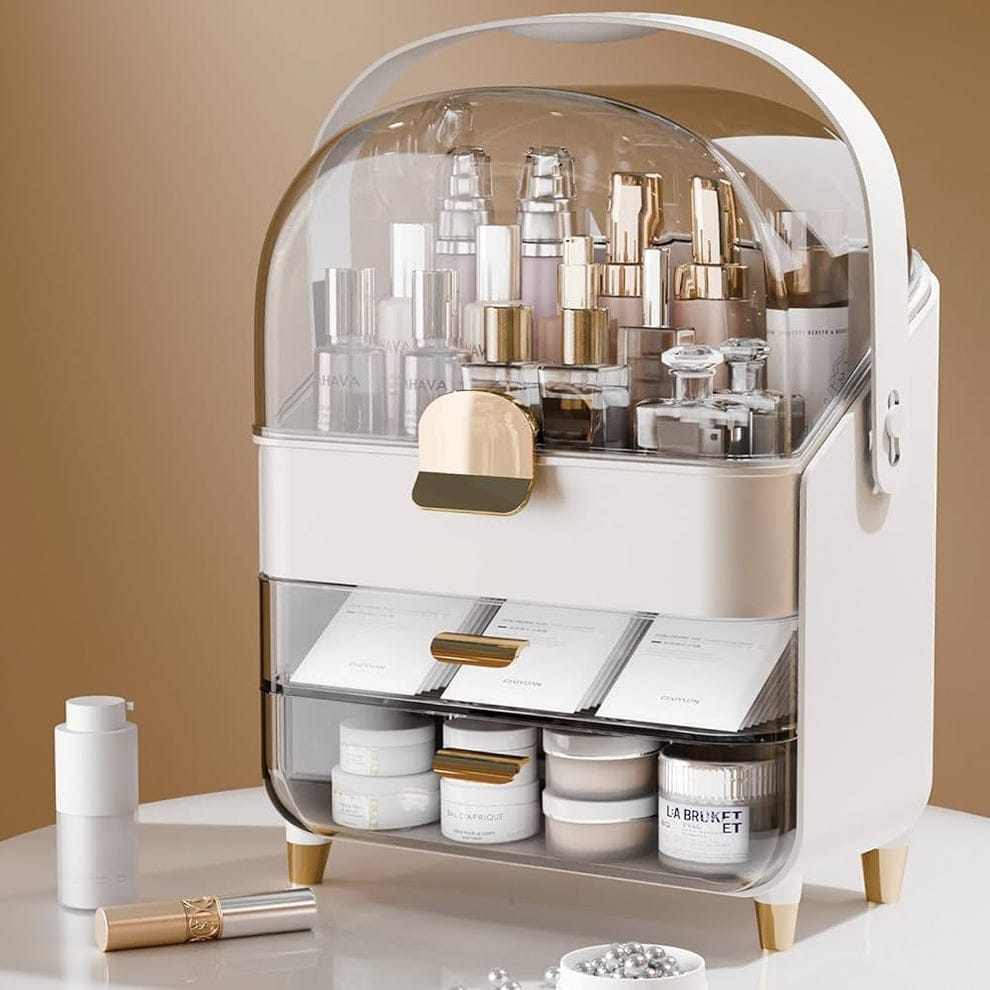 Premium Layered waterproof Cosmetics Organizer Box With  Dustproof Dome And Drawers