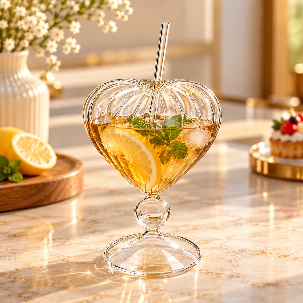 Ribbed Heart Glass Sipper with Bent Straw