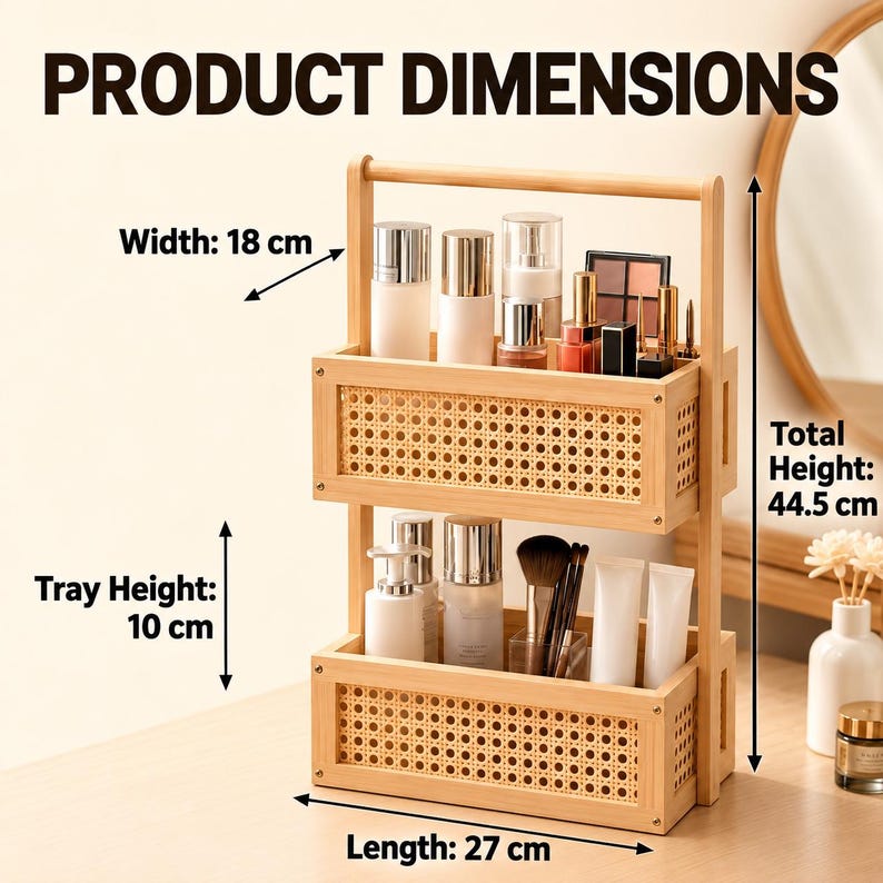 2-Tier Wooden & Woven Cane Makeup/Vanity Organizer With  Top Carry Handle