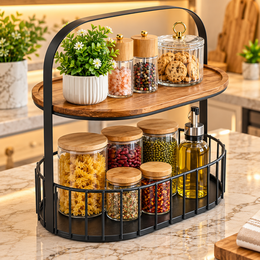 2 Tier Kitchen Storage Basket With Wooden Tray
