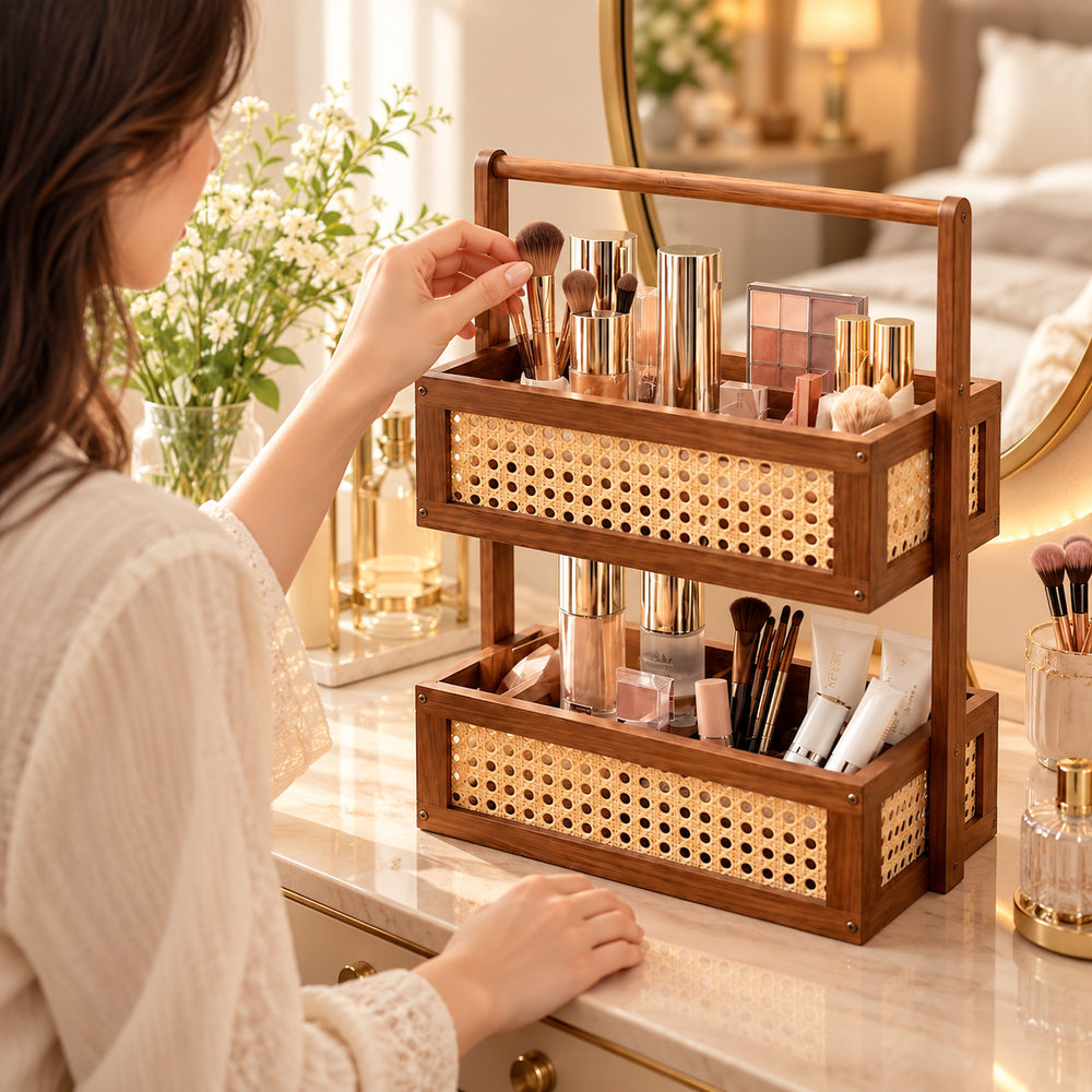 2-Tier Wooden & Woven Cane Makeup/Vanity Organizer With  Top Carry Handle