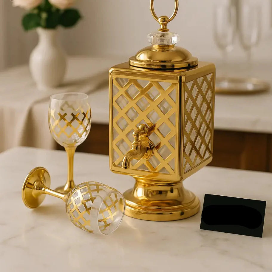 Royal Luxe Gold Crystal Beverage Dispenser Set – 7-Piece Premium Décor (1 Dispenser + 6 Glasses)