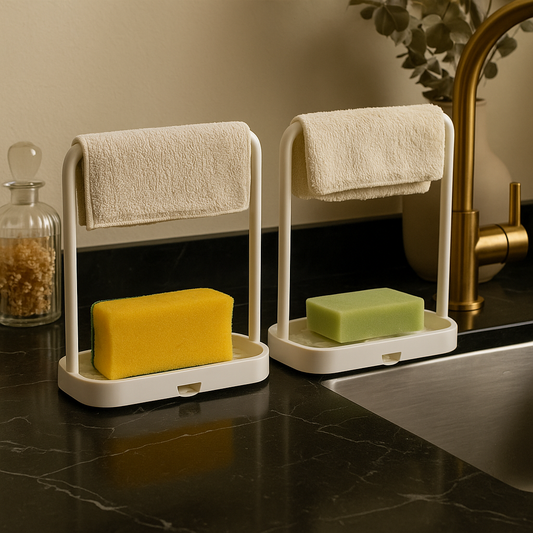 2-in-1 Sink Sponge Holder with Drip Tray & Towel Rack